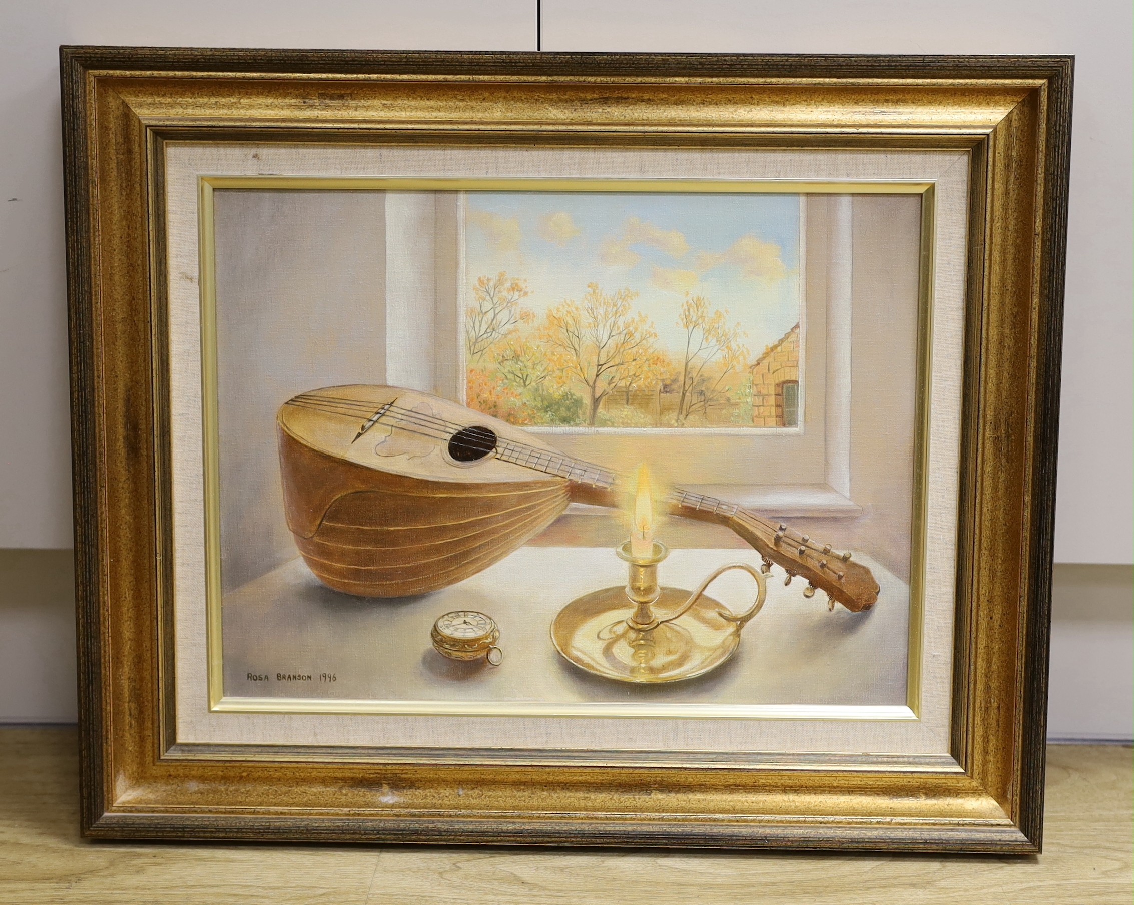 Rosa Branson (b.1933), oil on canvas, Still life of a mandolin, chamberstick and pocket watch, signed and dated 1996, 30 x 40cm